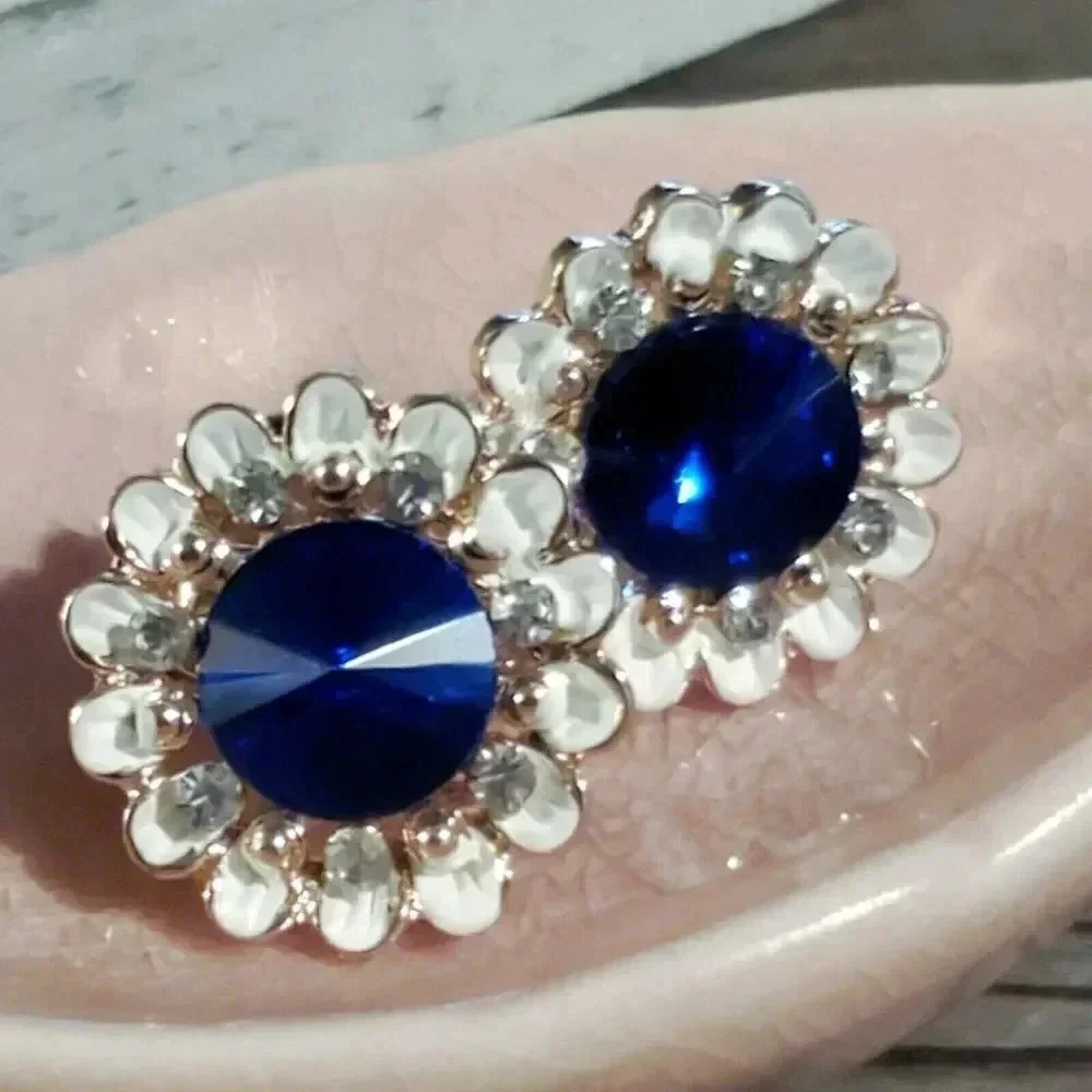 Sapphire Blue Lady Di Style Austrian Rivoli Crystal Earrings